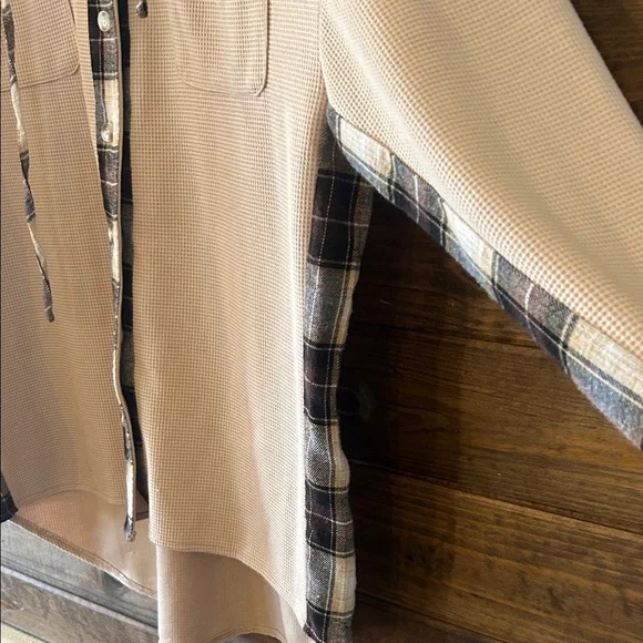 Plaid Accent Waffle Button Down Shirt - Tan - Picture 6 of 7